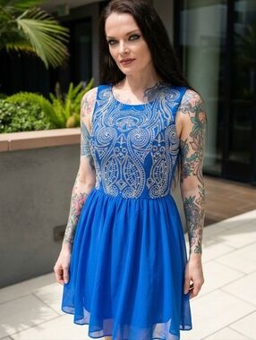 Chi Chi London ✦ Cobalt Blue Embroidered Dress ✦ Silver Crystal Detail w/ Sheer